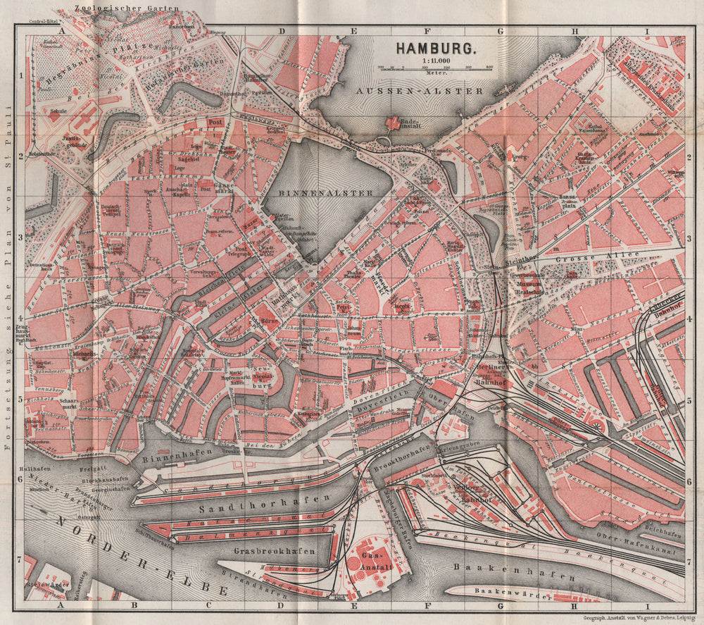 HAMBURG antique town city stadtplan. Deutschland karte. BAEDEKER 1886 old map