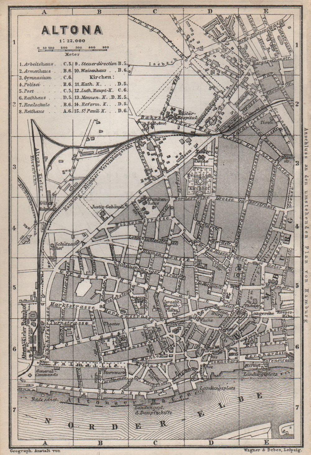 ALTONA antique town city stadtplan. Germany karte. BAEDEKER 1886 old map