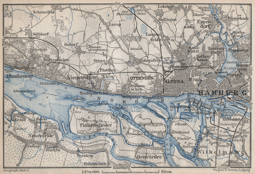 HAMBURG western environs/umgebung. Altona Ottensen Blankenese karte 1886 map