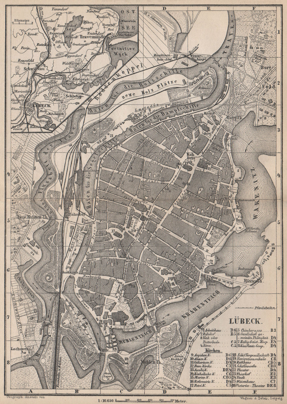 LÜBECK antique town city stadtplan. Schleswig-Holstein karte. BAEDEKER 1886 map