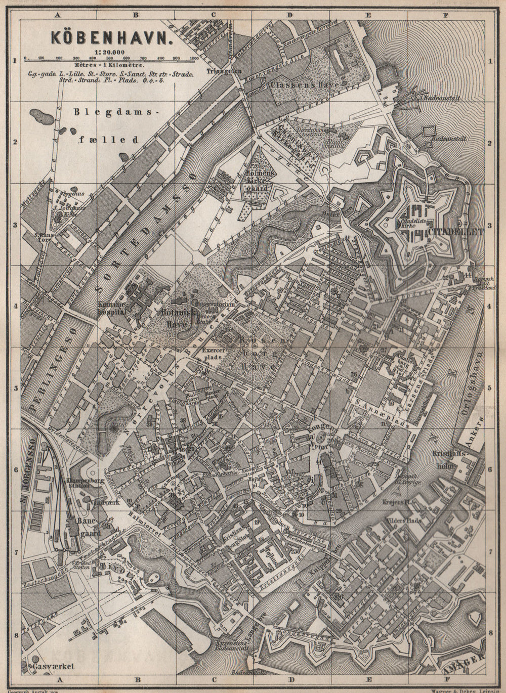COPENHAGEN KÖBENHAVN antique town city stadtplan. Denmark kort 1886 old map