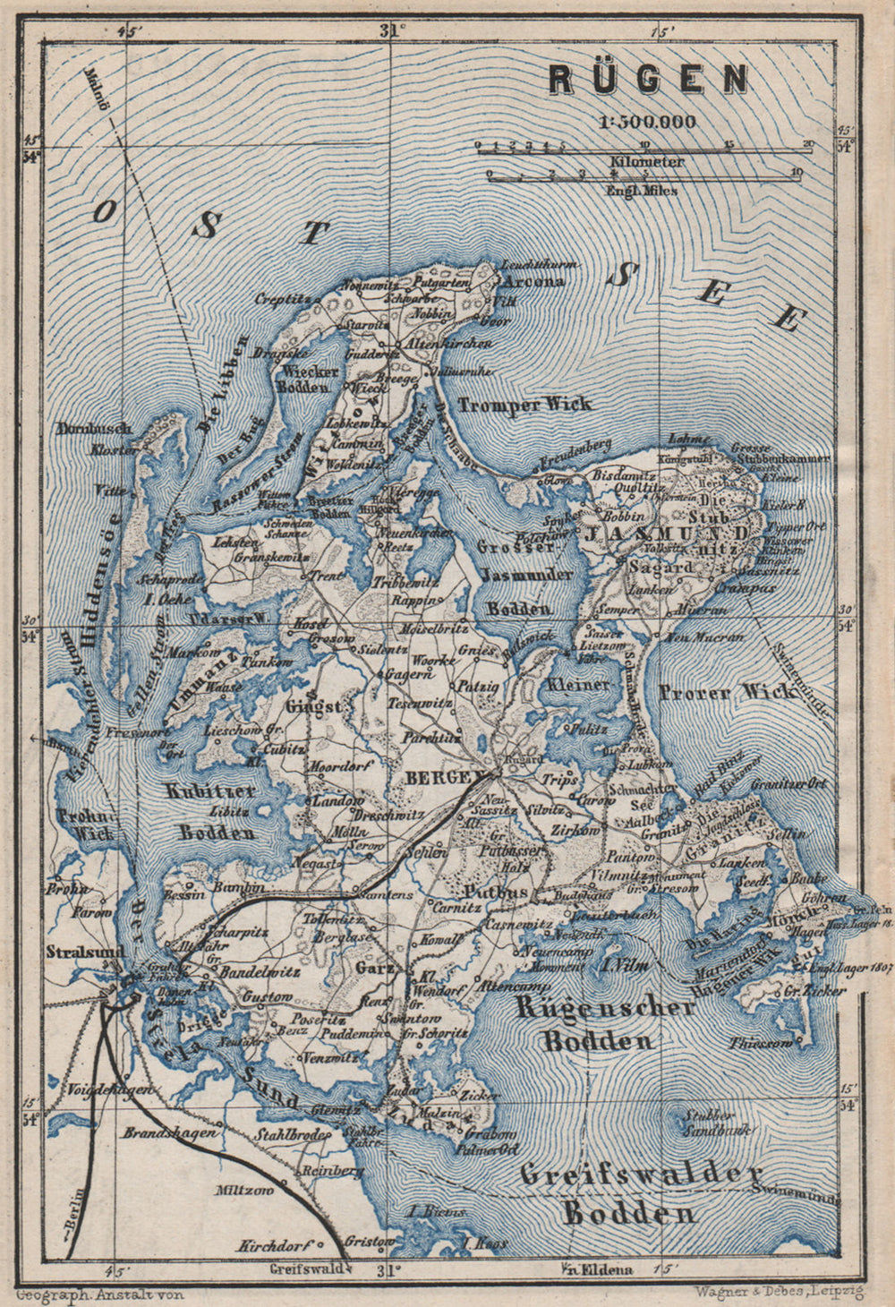 RÜGEN. Stralsund Bergen Sassnitz Sellin. Rugen Deutschland Germany 1886 map