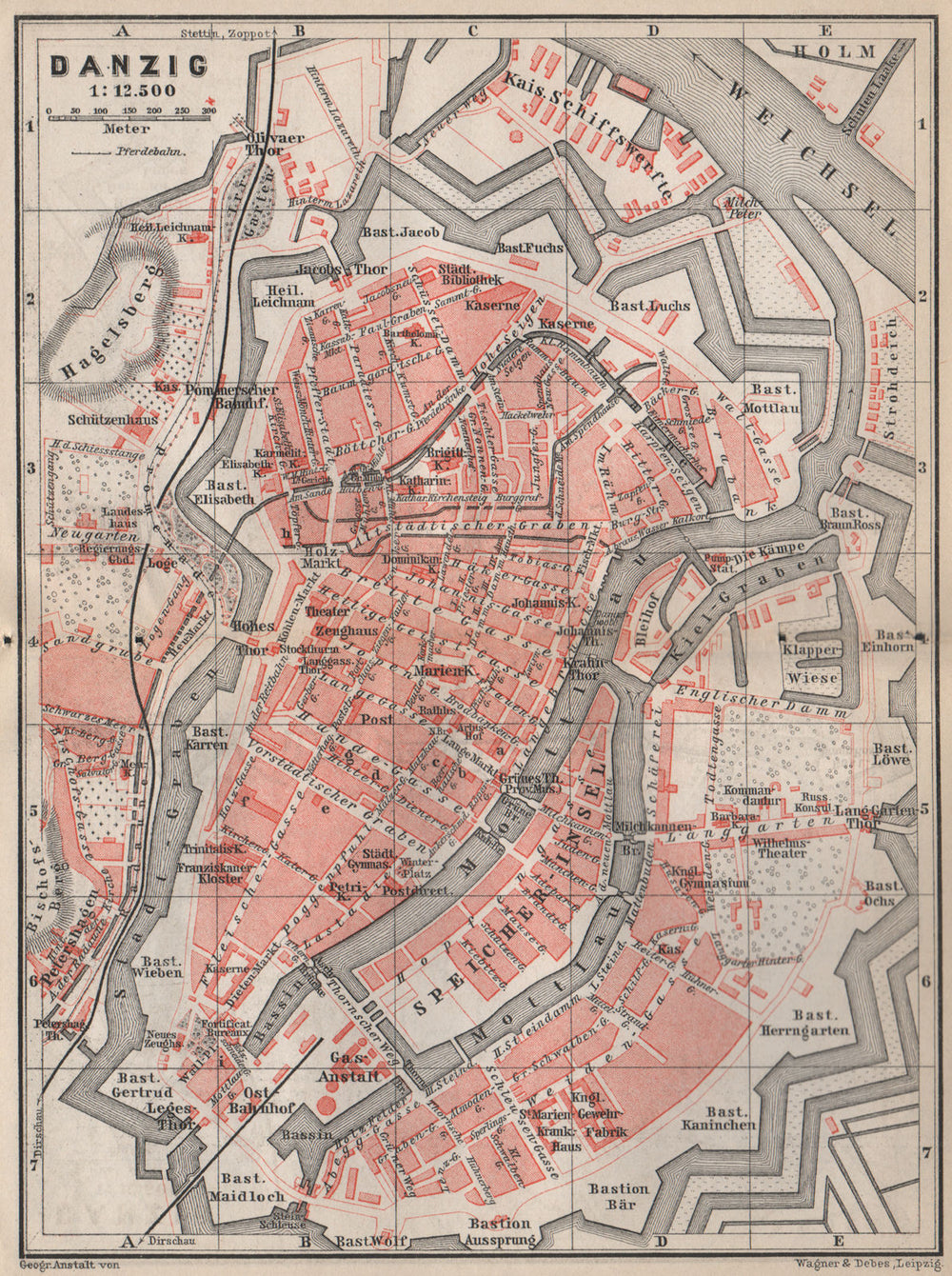 GDANSK antique town city plan miasta. Gdańsk Danzig. Poland mapa 1886 old