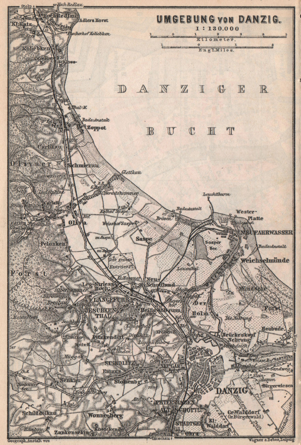 GDANSK & environs. Gdynia Danzig Gdańsk. Poland mapa. BAEDEKER 1886 old