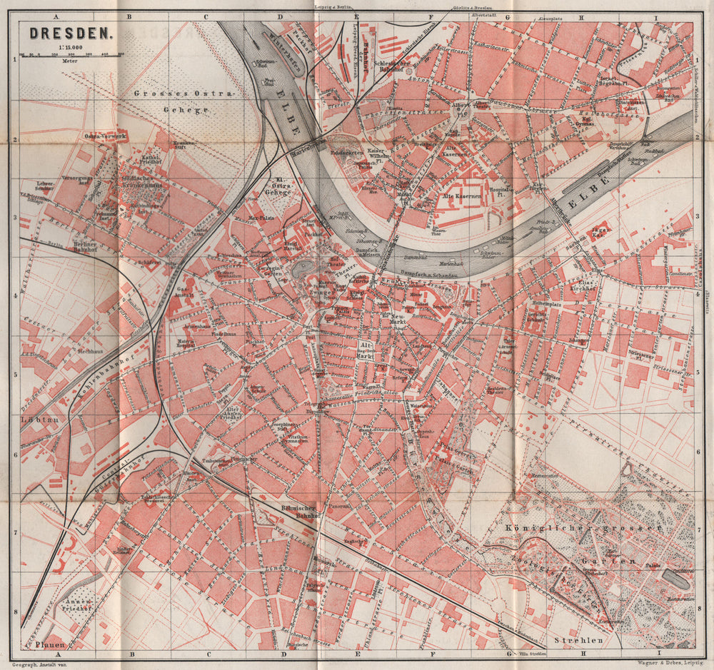 DRESDEN antique town city stadtplan II. Saxony karte. BAEDEKER 1886 old map