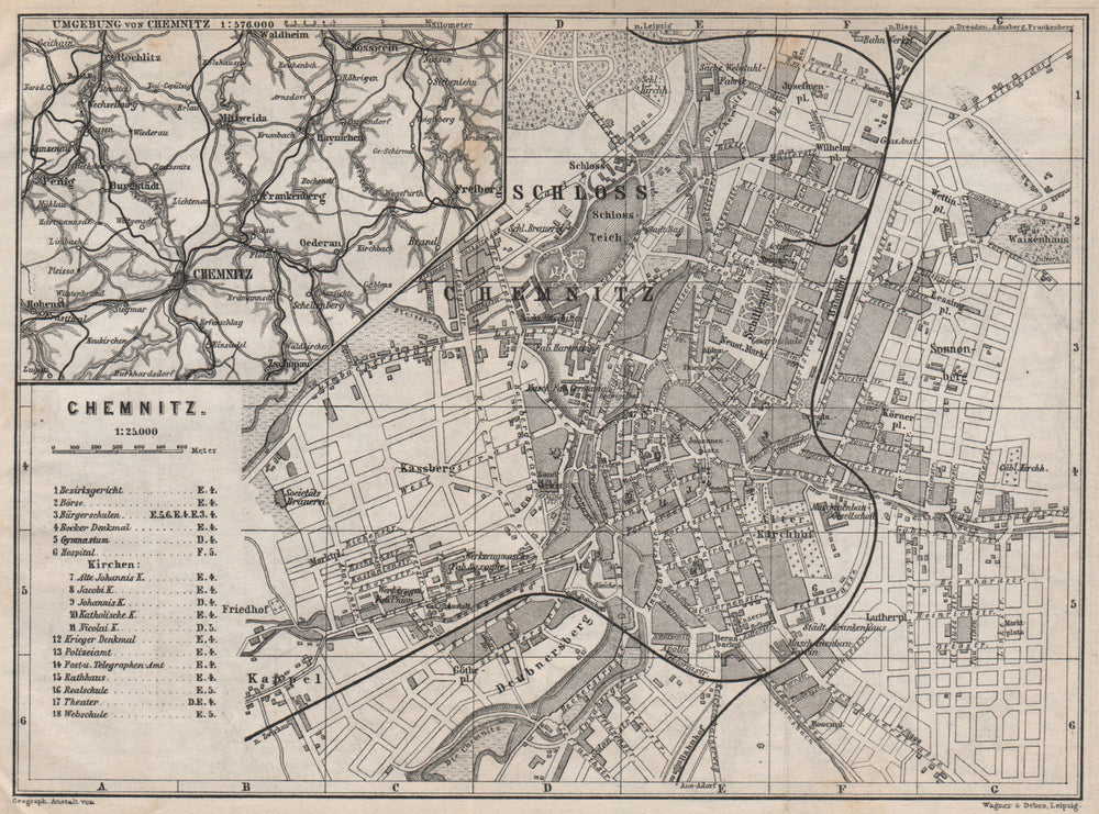 CHEMNITZ antique town city stadtplan. Saxony karte. BAEDEKER 1886 old map