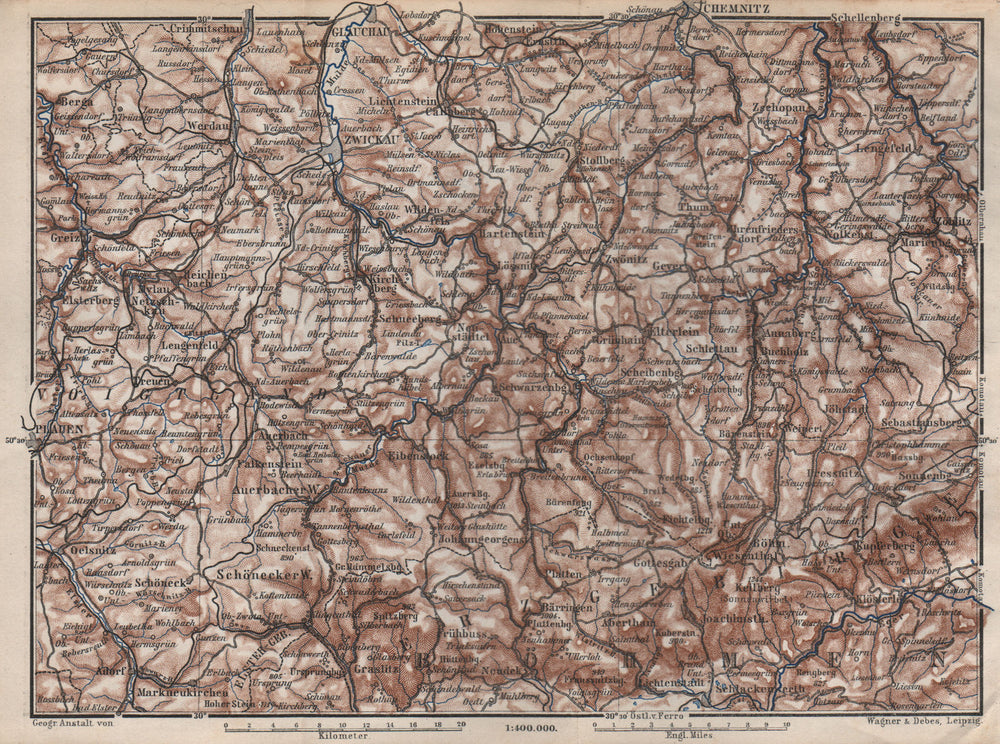 ORE MOUNTAINS. Erzgebirge Krusne hory Chemnitz Zwickau Plauen Glauchau 1886 map