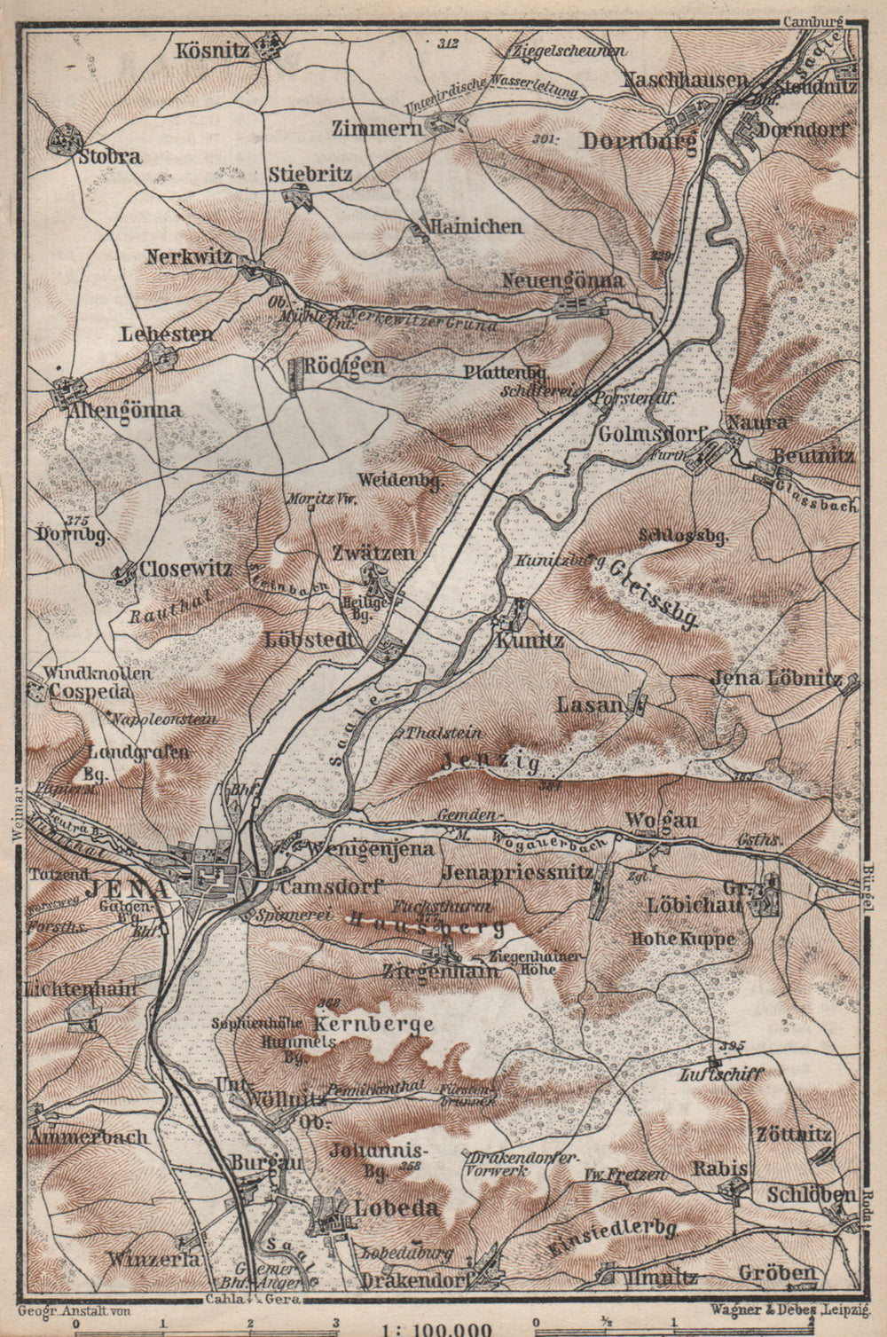 JENA & environs/umgebung. Dornburg. Thuringia karte. BAEDEKER 1886 old map