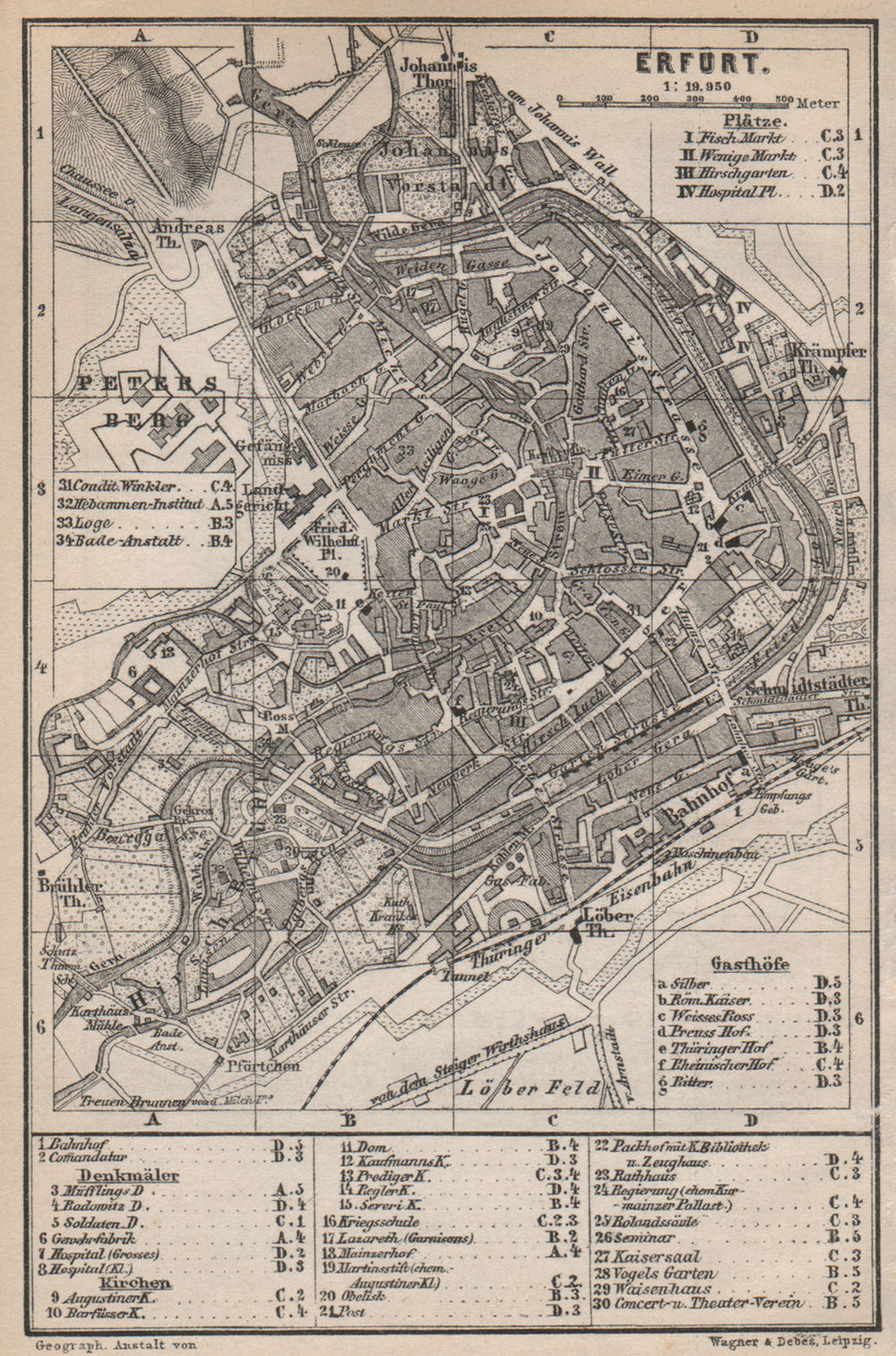 ERFURT antique town city stadtplan. Thuringia karte. BAEDEKER 1886 old map