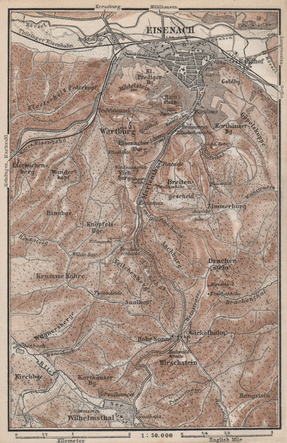 EISENACH & environs/umgebung. Wartburg. Thuringia karte. BAEDEKER 1886 old map
