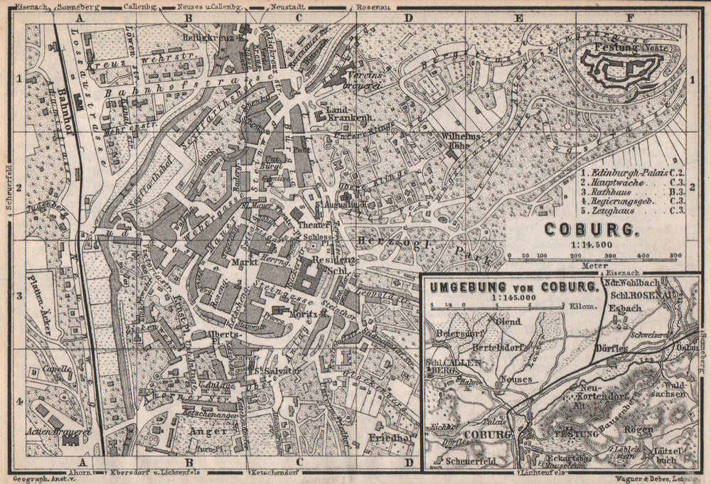 COBURG antique town city stadtplan & environs/umgebung. Bavaria karte 1886 map