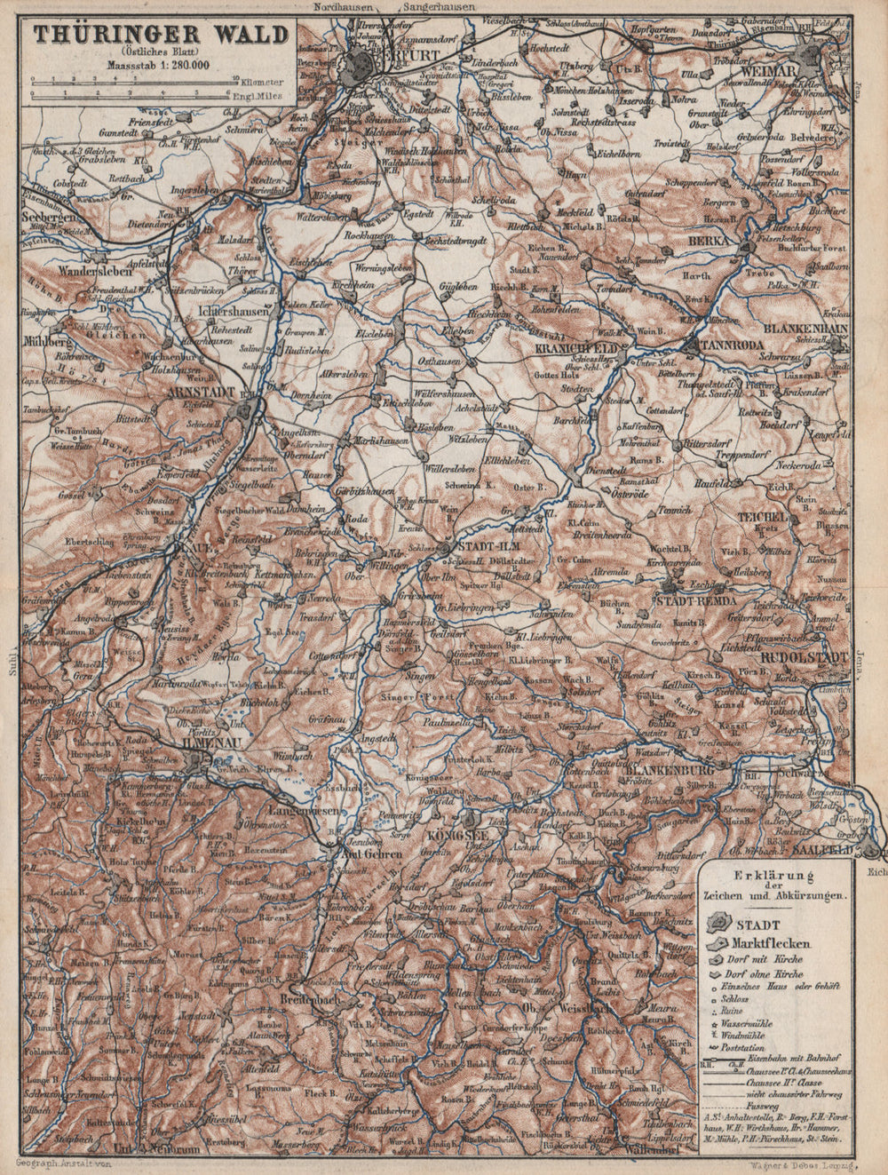 THÜRINGER WALD Öst. Thuringian Forest East. Erfurt Weimar Hamenau 1886 old map