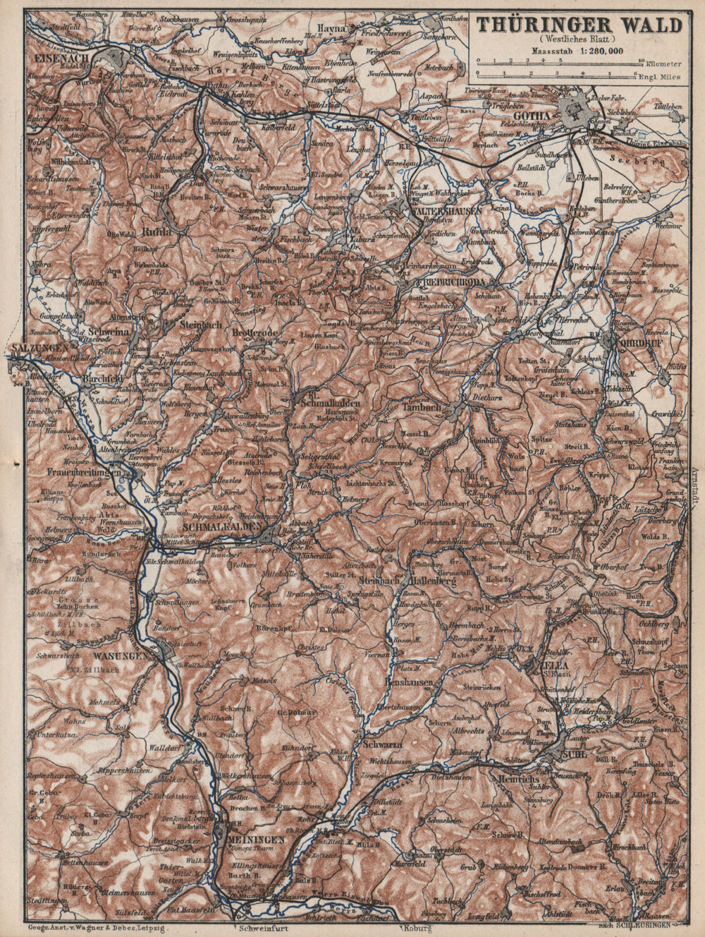 THÜRINGER WALD West. Thuringian Forest. Gotha Meiningen Eisenach Zella 1886 map