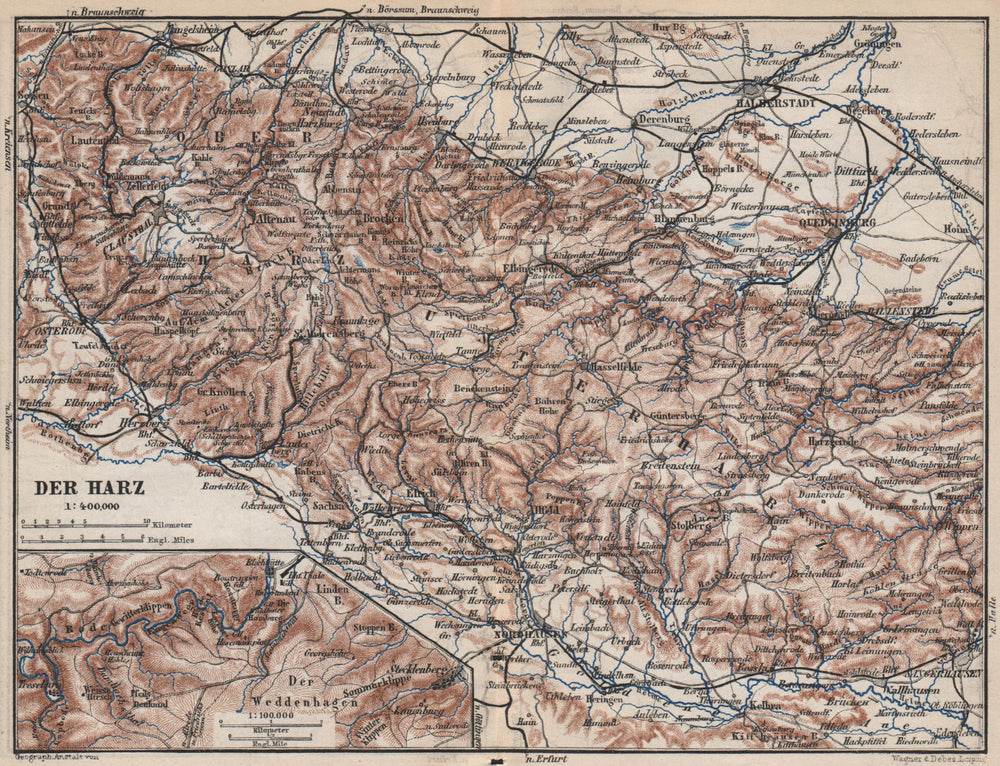 HARZ MOUNTAINS topo-map. Inset Bodetal. Halberstadt Nordhausen karte 1886