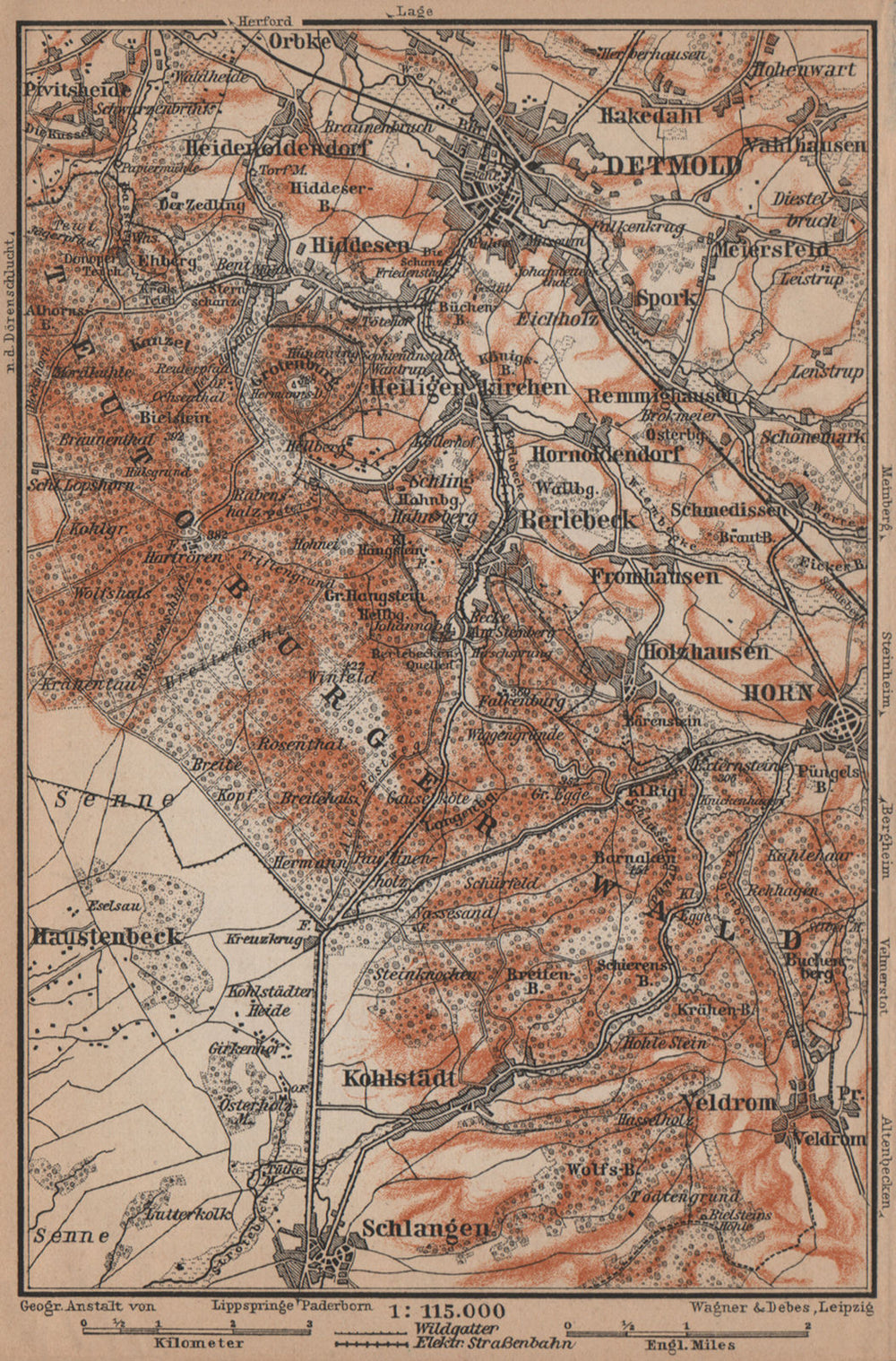 DETMOLD & TEUTOBURGER WALD/Forest topo-map. Northrhine-Westfalia karte 1900