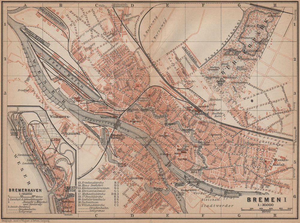 BREMEN antique town city stadtplan I. Bremerhaven karte. BAEDEKER 1900 old map