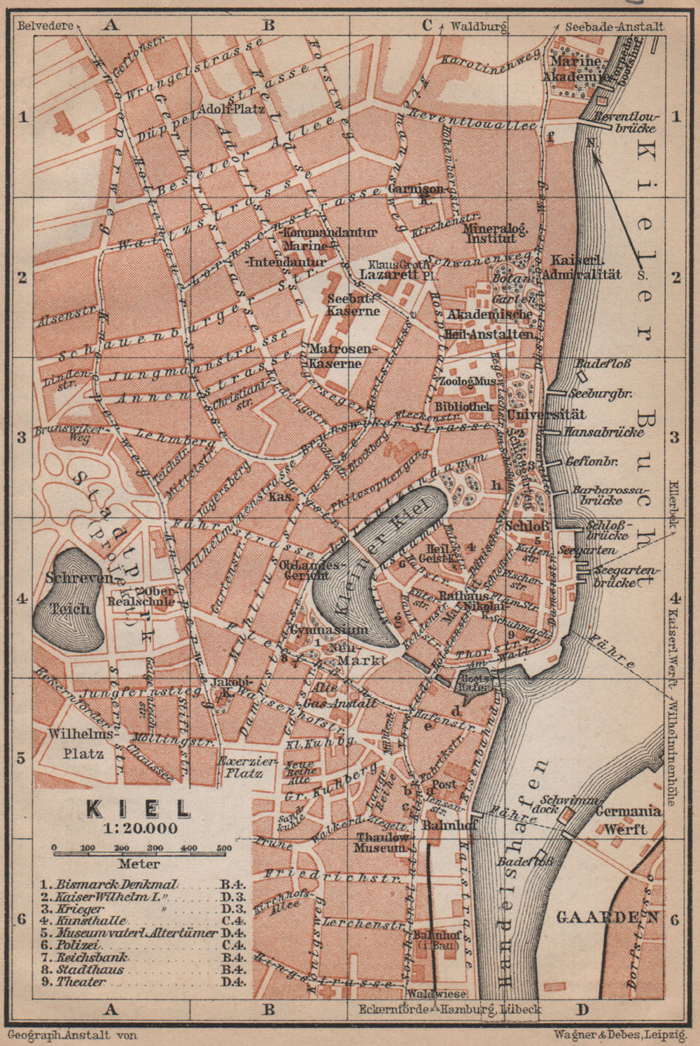 KIEL antique town city stadtplan. Schleswig-Holstein karte. BAEDEKER 1900 map