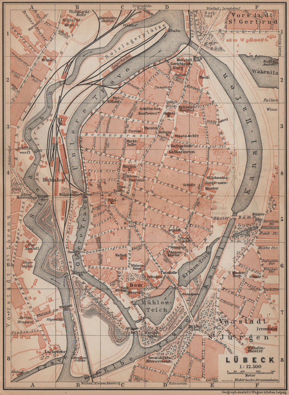 LÜBECK antique town city stadtplan. Schleswig-Holstein karte. BAEDEKER 1900 map