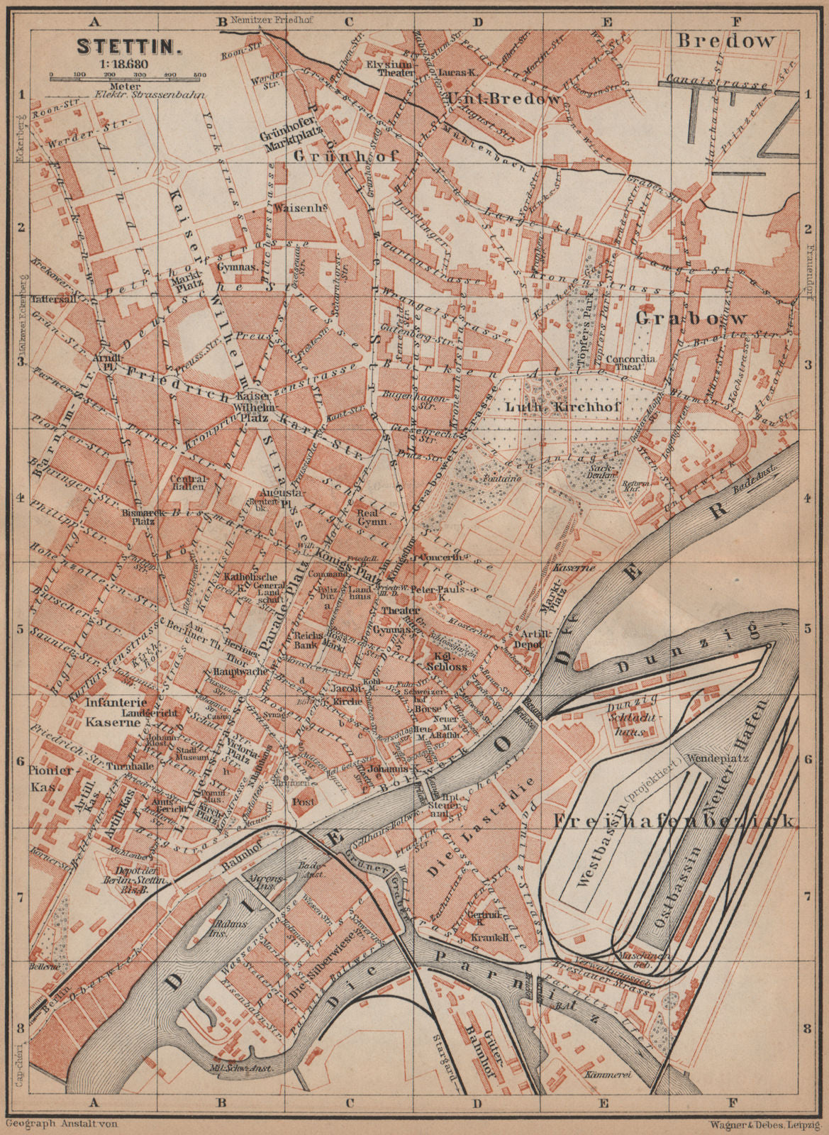 STETTIN SZCZECIN antique town city plan miasta. Poland mapa. BAEDEKER ...