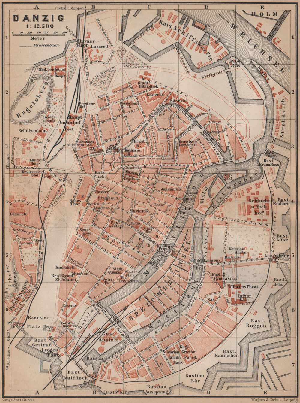 GDANSK antique town city plan miasta. Gdańsk Danzig. Poland mapa 1900 old