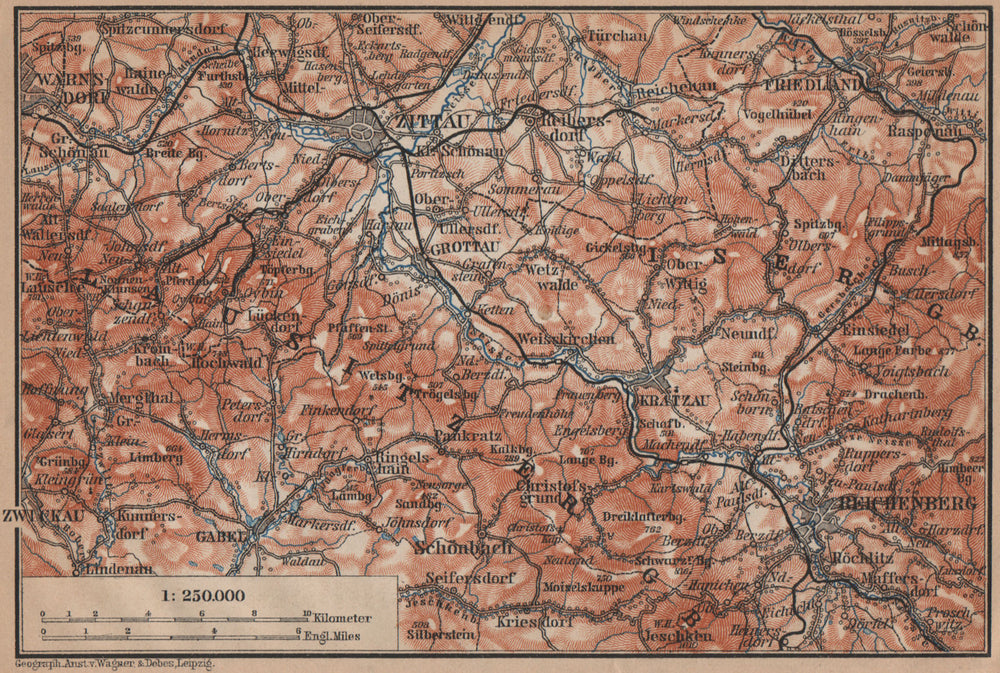 LUSATIAN MOUNTAINS. Zittau Liberec Frydlant Bogatynia Luzicke hory 1900 map