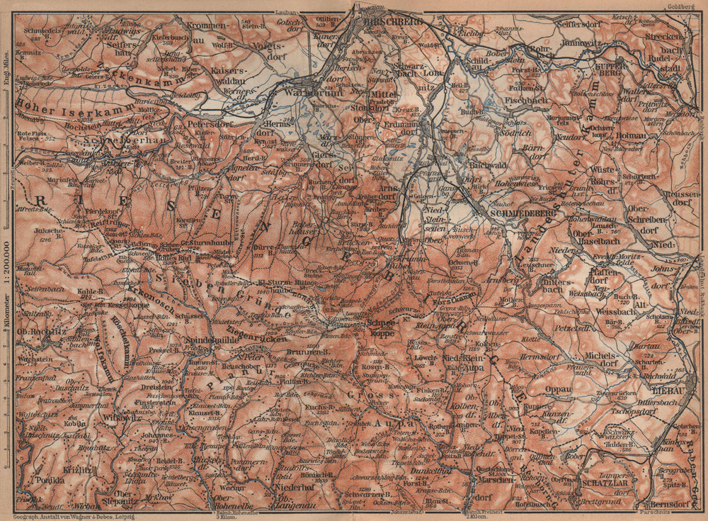 KARKONOSZE KRKONOŠE MOUNTAINS. Jelenia Gora Cieplice Lubawka Czech Rep 1900 map