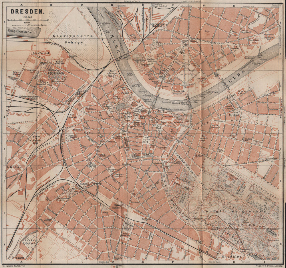 DRESDEN antique town city stadtplan II. Saxony karte. BAEDEKER 1900 old map