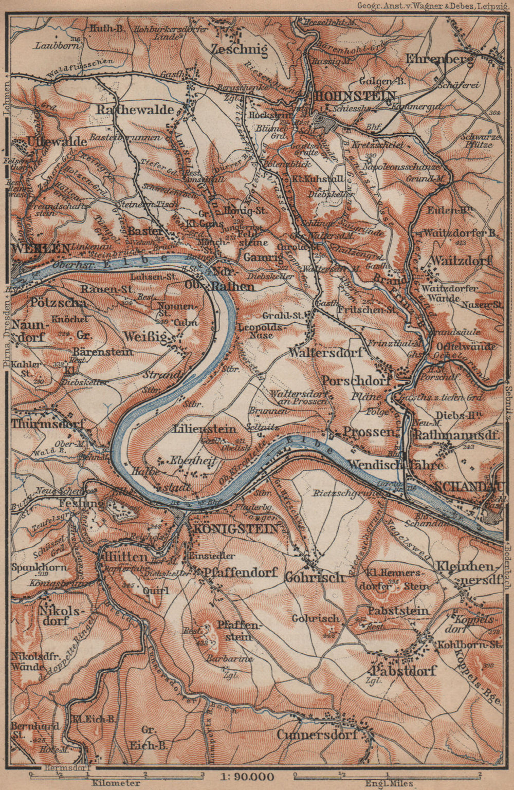 KÖNIGSTEIN & HOHNSTEIN umgebung. Sächsische schweiz Saxon Switzerland 1900 map
