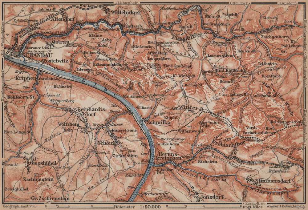 BAD SCHANDAU environs/umgebung. Sächsische schweiz. Deutschland karte 1900 map