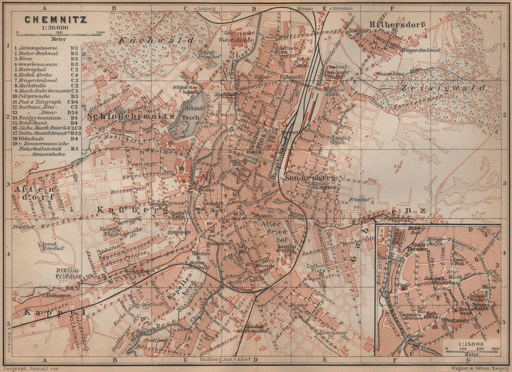 CHEMNITZ antique town city stadtplan. Saxony karte. BAEDEKER 1900 old map