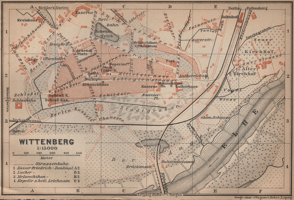 WITTENBERG antique town city stadtplan. Saxony-Anhalt karte. BAEDEKER 1900 map