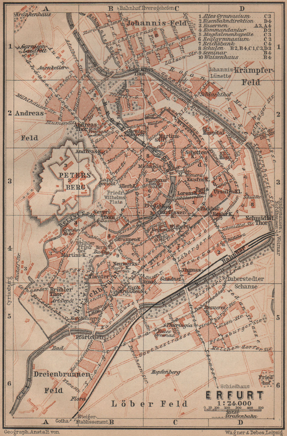 ERFURT antique town city stadtplan. Thuringia karte. BAEDEKER 1900 old map