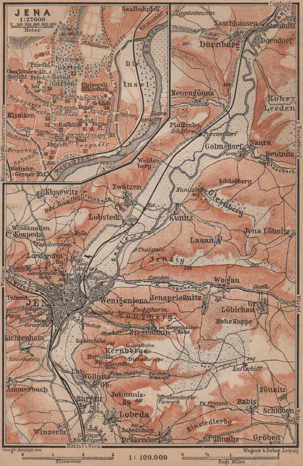 JENA & environs/umgebung. Dornburg. Thuringia karte. BAEDEKER 1900 old map