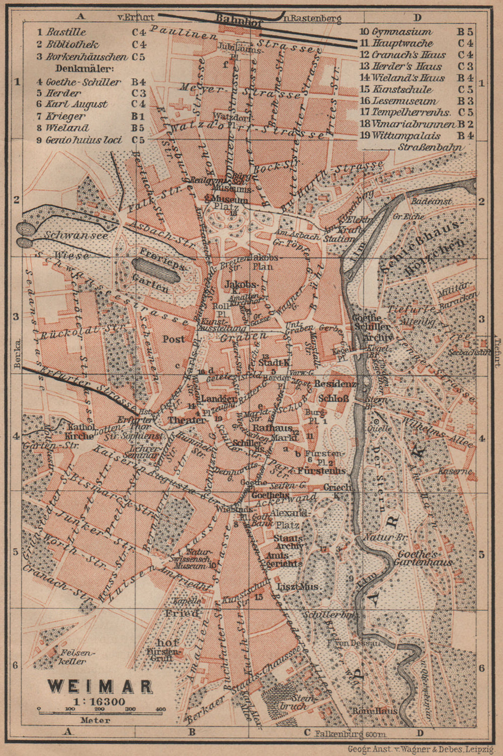 WEIMAR antique town city stadtplan. Thuringia karte. BAEDEKER 1900 old map