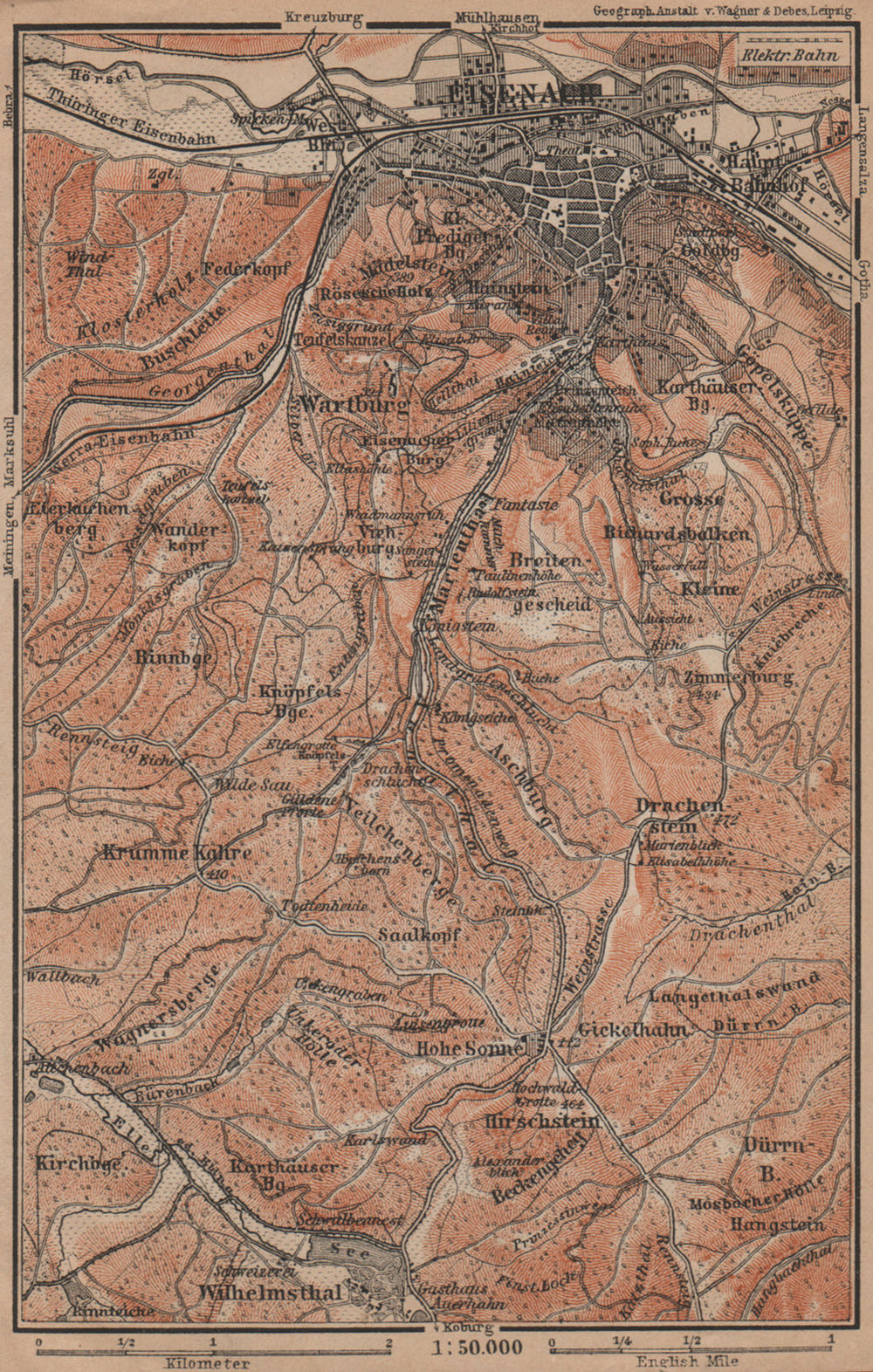 EISENACH & environs/umgebung. Wartburg. Thuringia karte. BAEDEKER 1900 old map