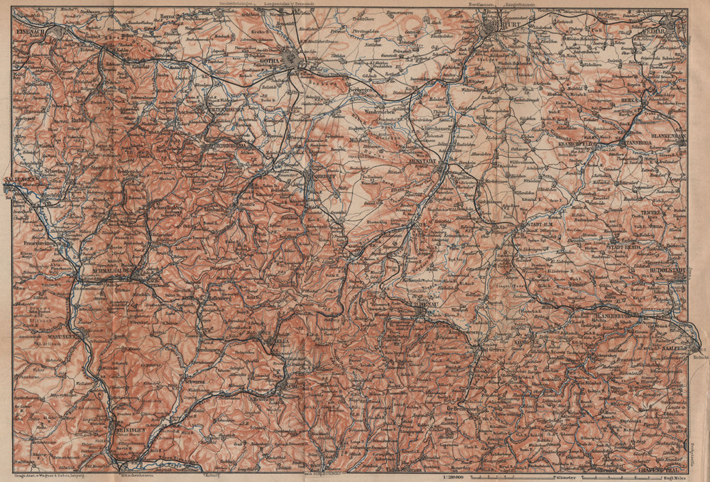 THÜRINGER WALD. Thuringian Forest. Gotha Eisenach Erfurt Weimar karte 1900 map
