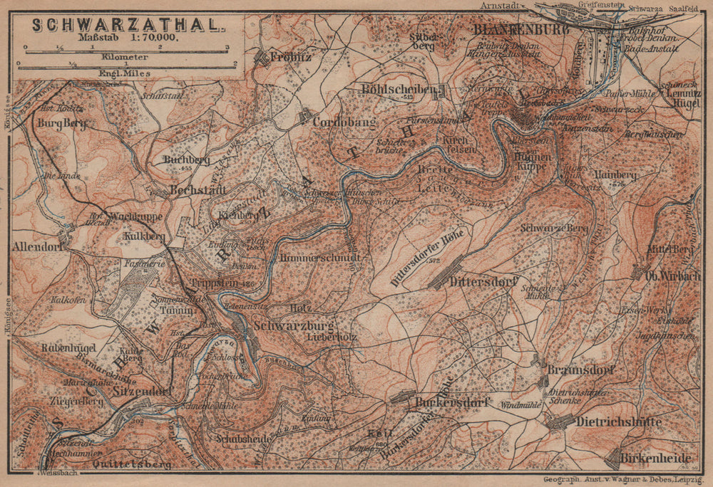 BLANKENBURG & environs/umgebung. Schwarzatal. Thuringia karte 1900 old map
