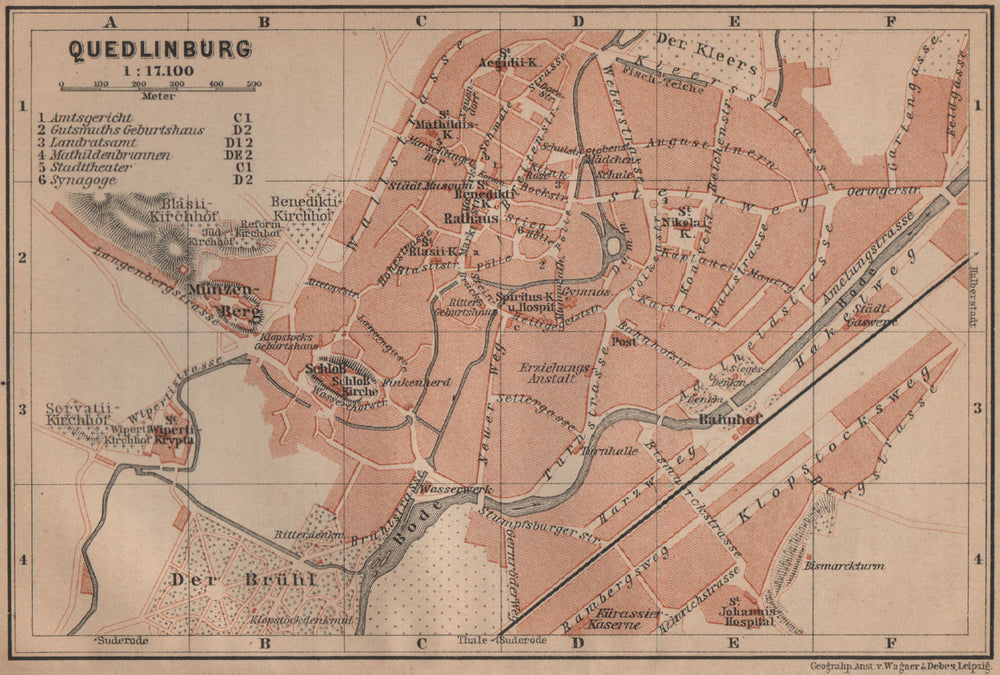 QUEDLINBURG antique town city stadtplan. Germany karte. BAEDEKER 1900 old map