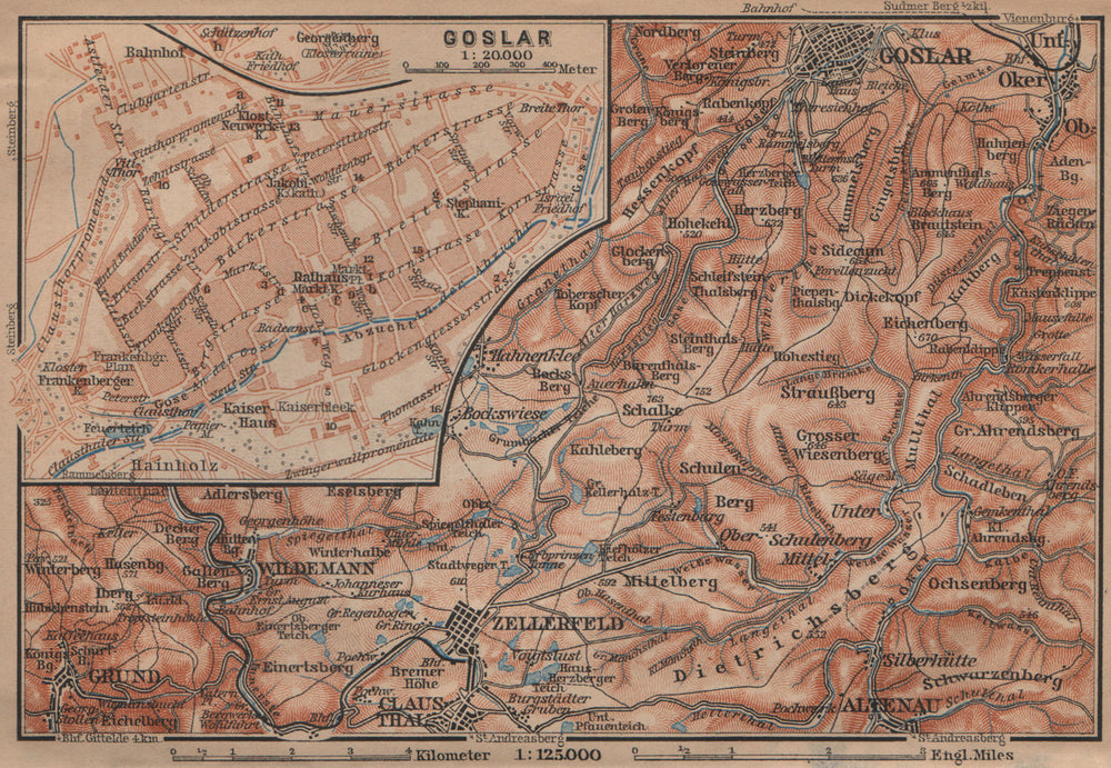 GOSLAR town city stadtplan. Clausthal-Zellerfeld OBERHARZ mountains 1900 map