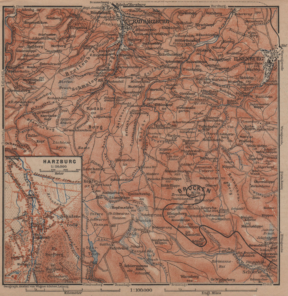 BAD HARZBURG town city stadtplan & umgebung. HARZ MOUNTAINS. Brocken 1900 map