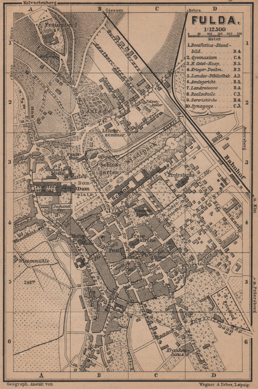FULDA antique town city stadtplan. Hessen karte. BAEDEKER 1900 old map