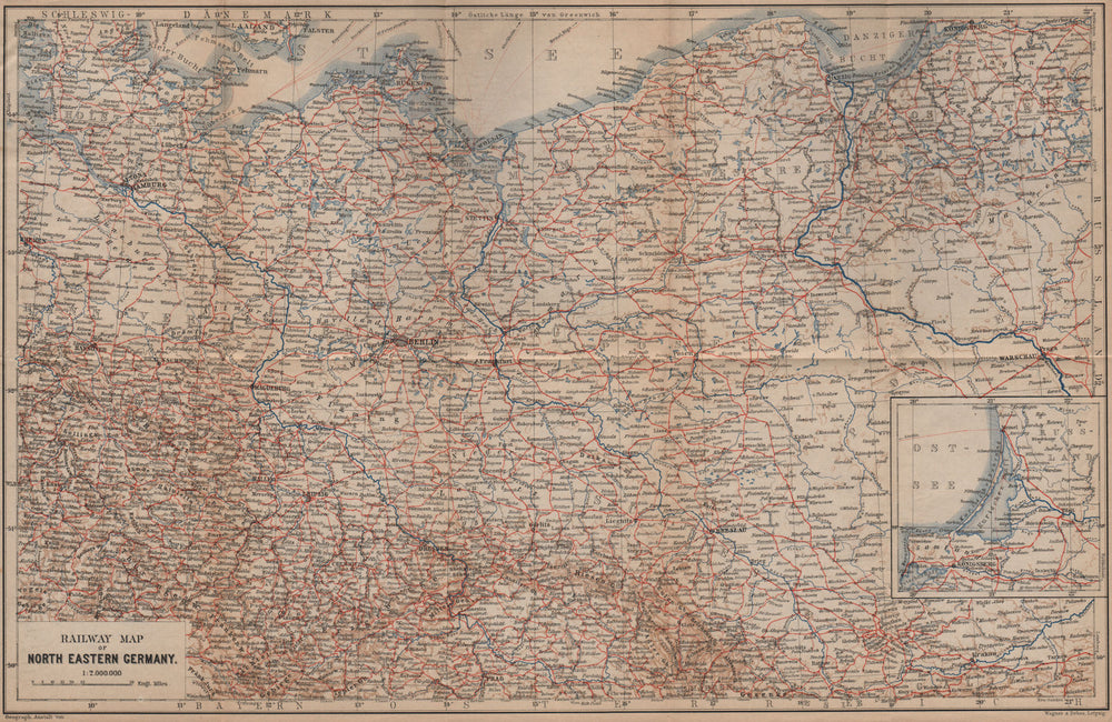 NORTH EAST GERMANY Railways. Nordosten Deutschland eisenbahnen karte 1900 map