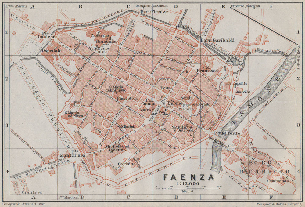 FAENZA antique town city plan piano urbanistico. Italy mappa. BAEDEKER 1909