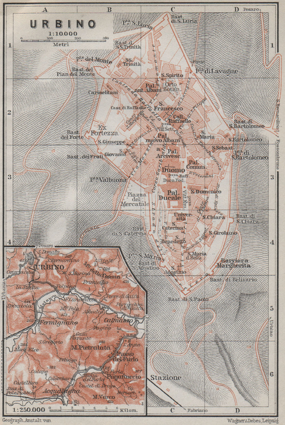 URBINO town city plan piano urbanistico & environs. Italy mappa 1909 old