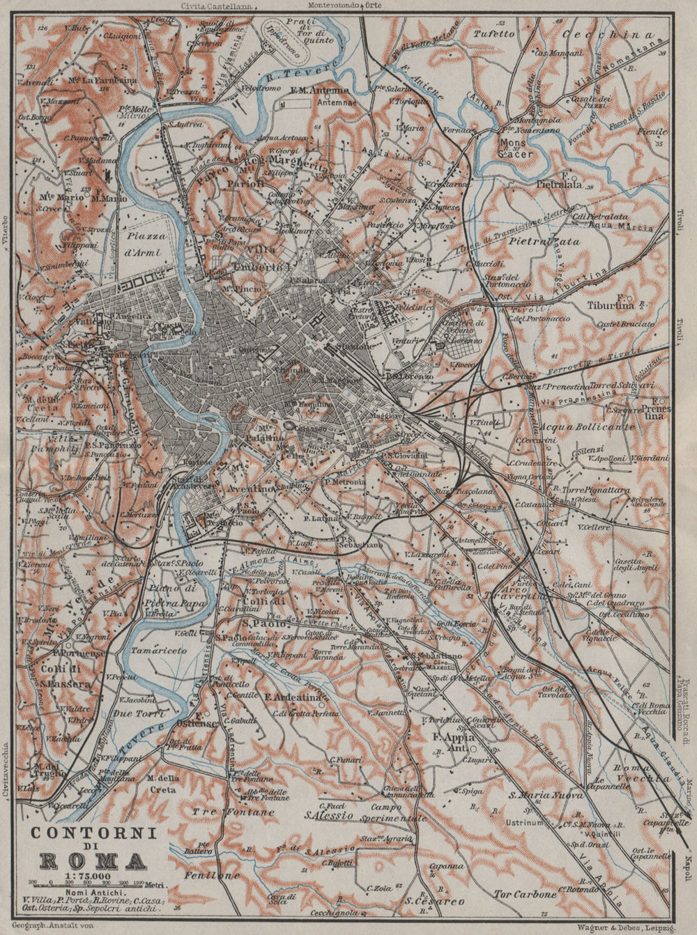 ROME & ENVIRONS. CONTORNI DI ROMA. Roma mappa. BAEDEKER 1909 old antique