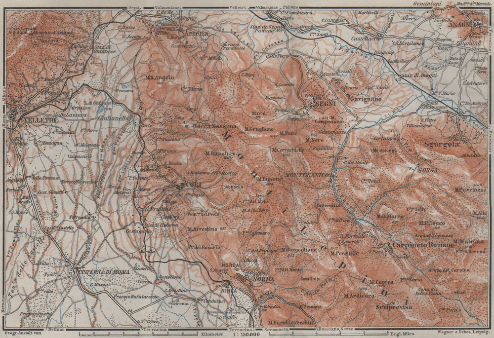 VOLSCIAN MOUNTAINS. Velletri Artena Cori Monti Lepini. Topo-map. Italy 1909