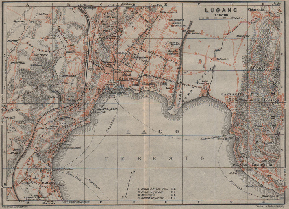 LUGANO antique town city stadtplan. Switzerland carte karte. BAEDEKER 1909 map