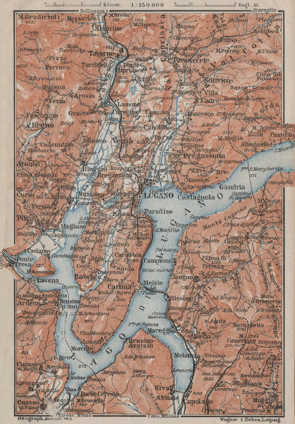 LAKE/Lago di LUGANO topo-map. Switzerland Italy Italia carte karte 1909