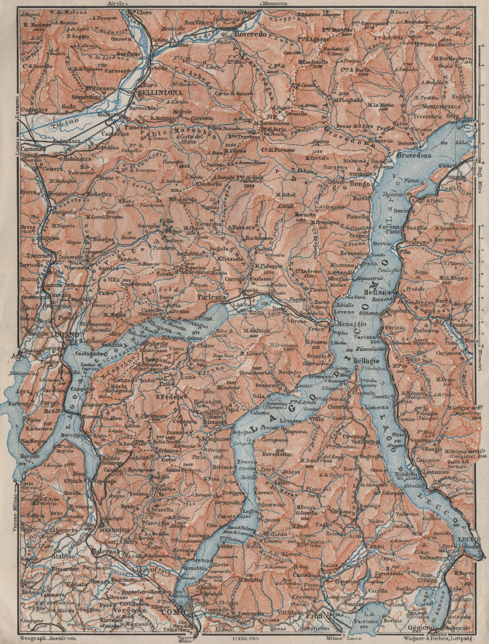 LAKES OF/Lago di COMO, LUGANO & LECCO. Bellinzona mappa. BAEDEKER 1909 old