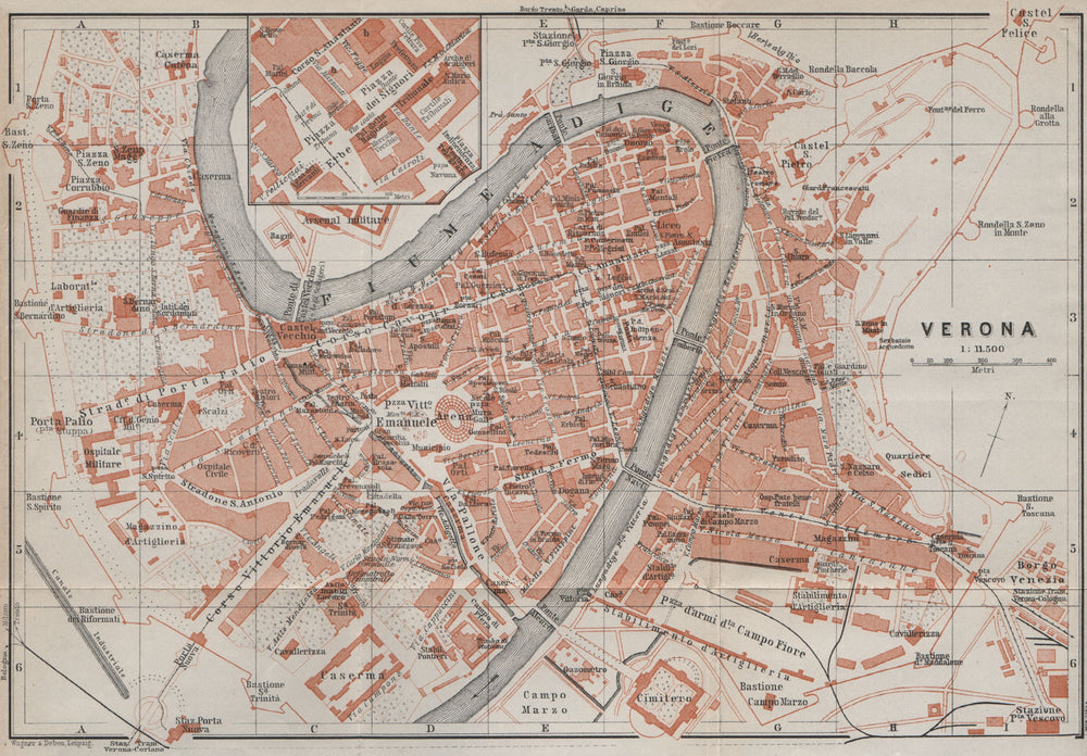 VERONA antique town city plan piano urbanistico. Italy mappa. BAEDEKER 1909